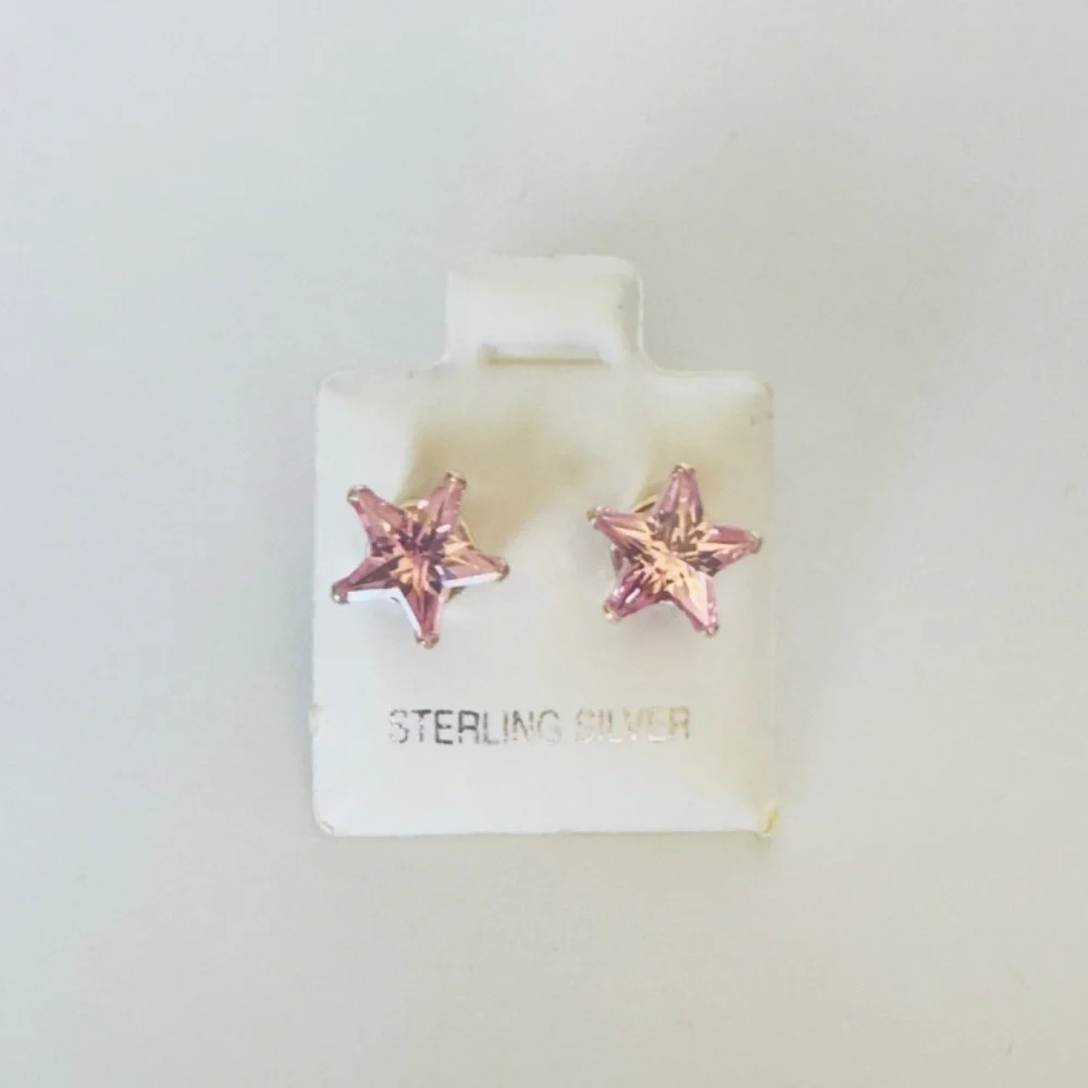 New Pink Star CZ Sterling Silver Earrings - Picture 1 of 5